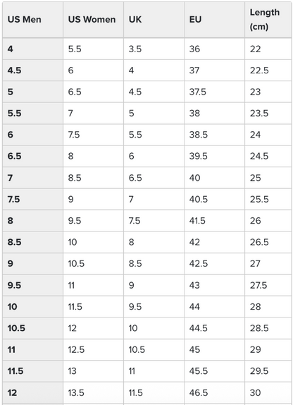 Table showing shoe size conversions between US, UK, and EU with corresponding lengths in centimeters.